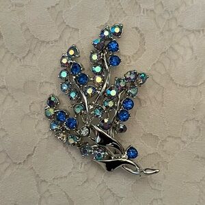 Blue & Aurora Borealis Crystal Floral Spray Brooch Silver Tone Vintage Style